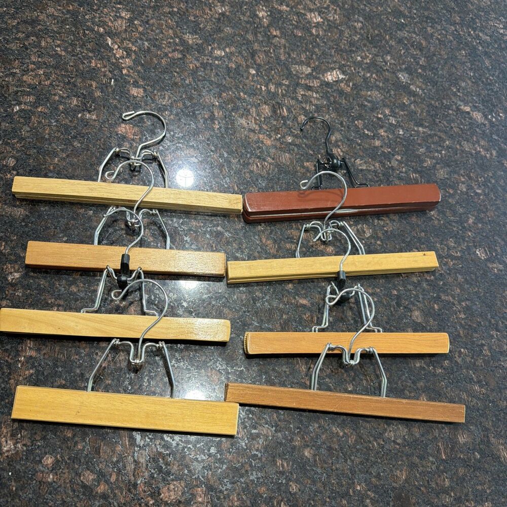 8 Vintage Wooden Clothes Hangers with Clips Multi Size 9" 10" 11" Pants Skirt